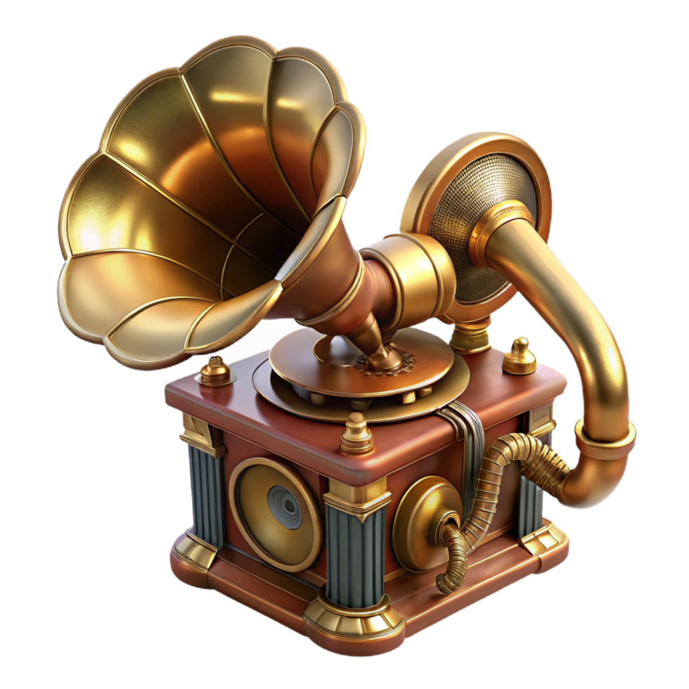 beautiful contemporary Steampunk gramophone with a brass horn and intricate clockwork professional png