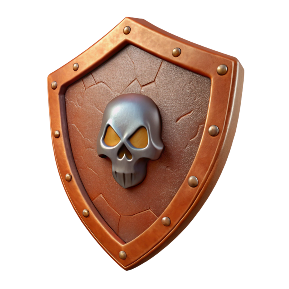 elegant modern A single, rusty iron shield, emblazoned with a skull 4K png