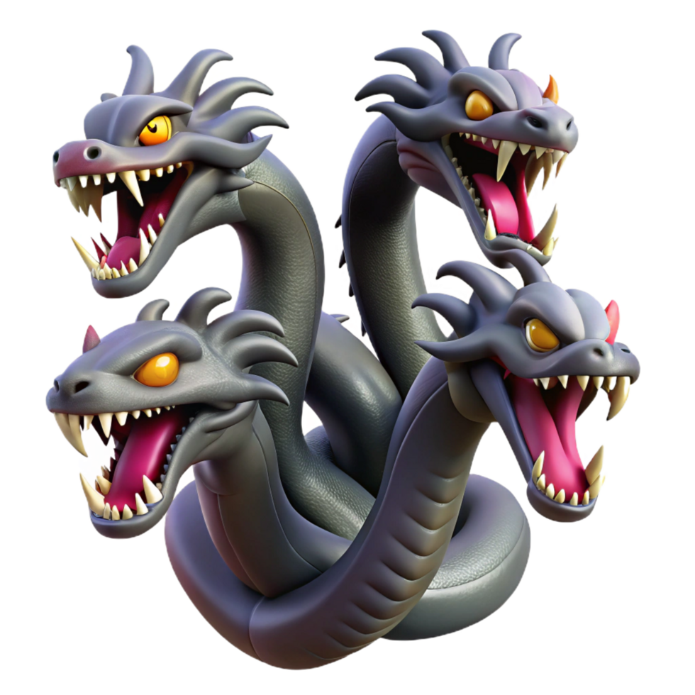 elegant rustic A fierce hydra, multiple heads hissing detailed png