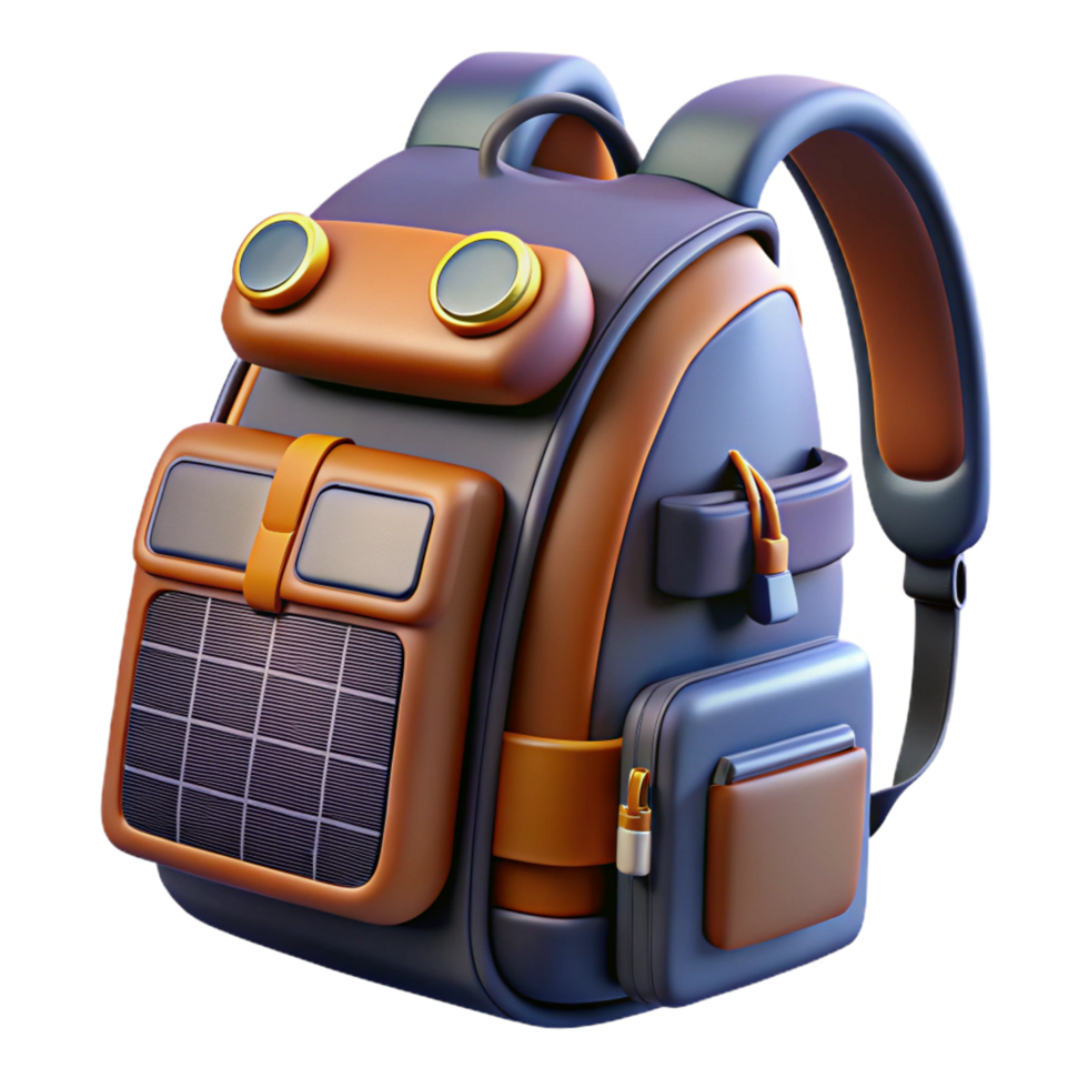 serene minimalist Cyberpunk backpack with integrated solar panels and charging ports premium png