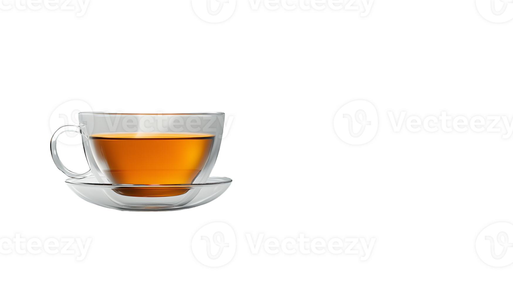 A glass teacup filled with amber tea set on a matching saucer against a black background png