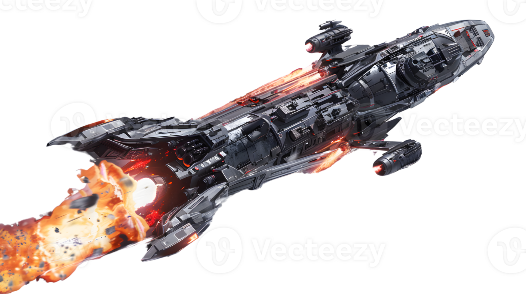 Futuristic Spacecraft in Flight with Dynamic Flames and Advanced Technology Features png