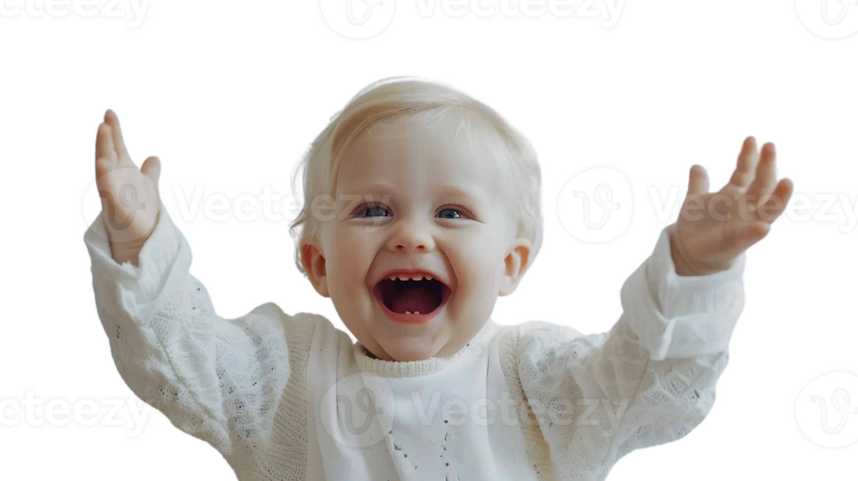 Joyful Baby in White Outfit with Arms Raised Expressing Happiness and Excitement for Greeting png