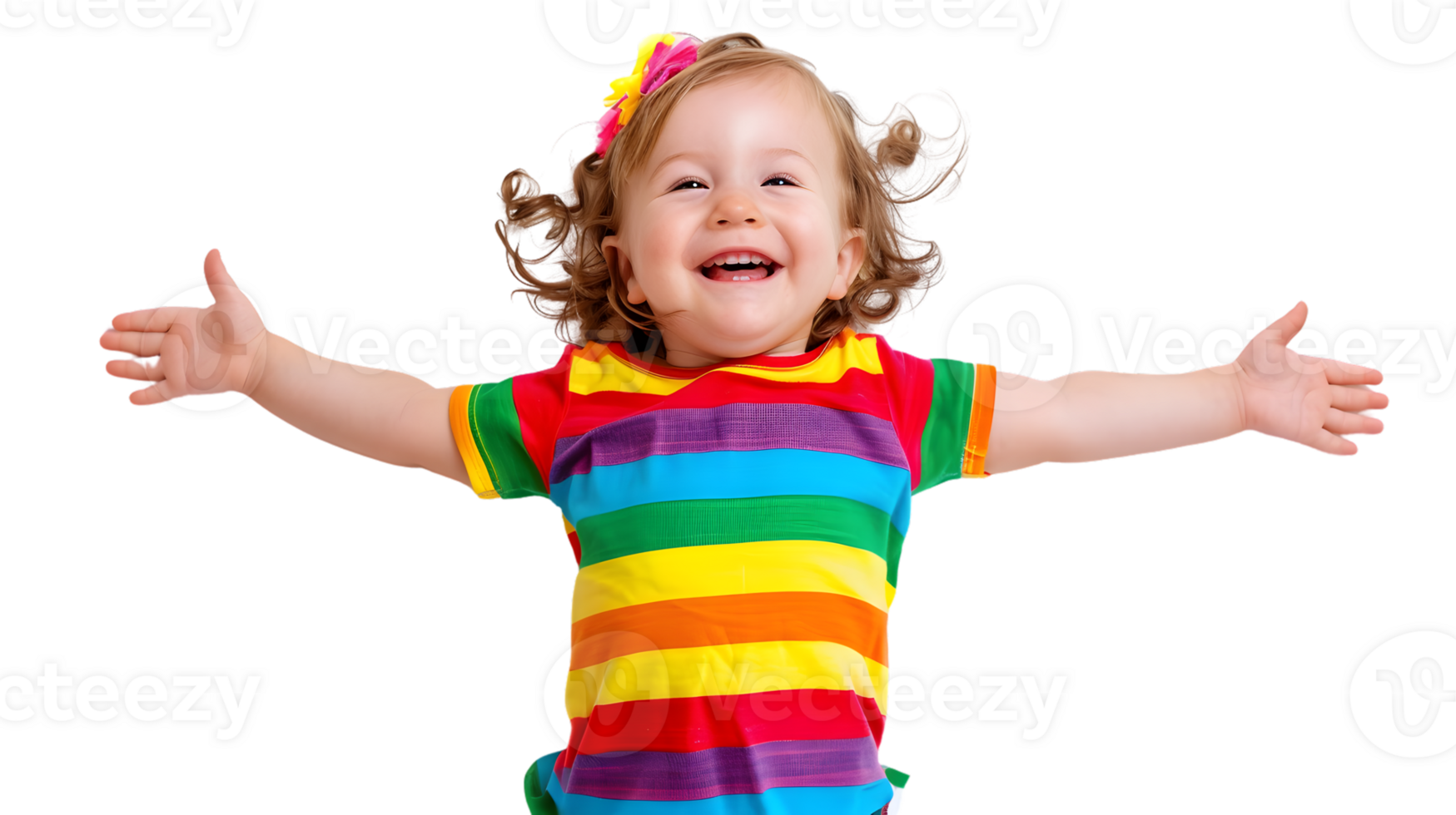 Joyful Child in Rainbow Shirt with Arms Outstretched Expressing Happiness and Freedom Perfect png