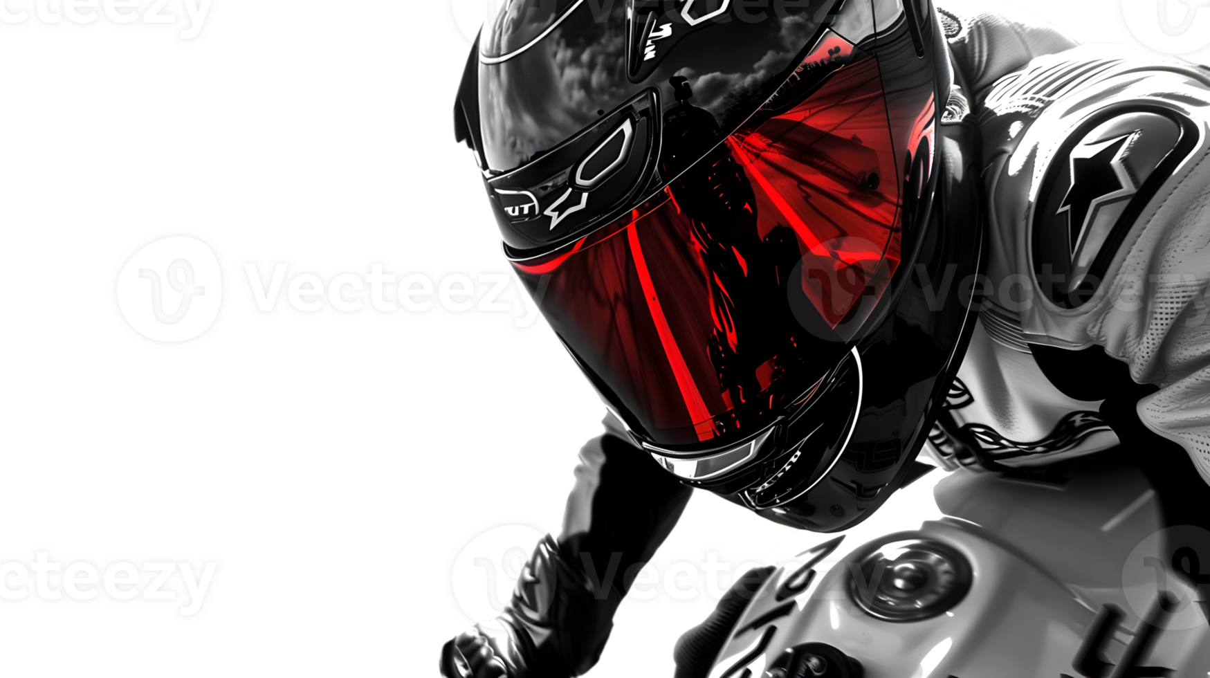 Motorcycle Racer in Action Dynamic Helmet and Suit with Red Visor Reflections png