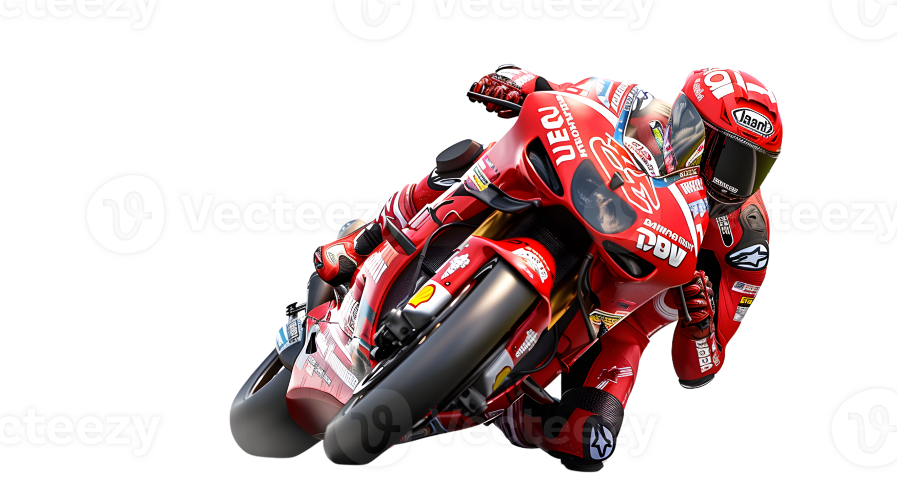 Motorcycle Racer in Action Dynamic Pose on a HighSpeed Bike with Vibrant Red and White Gear png