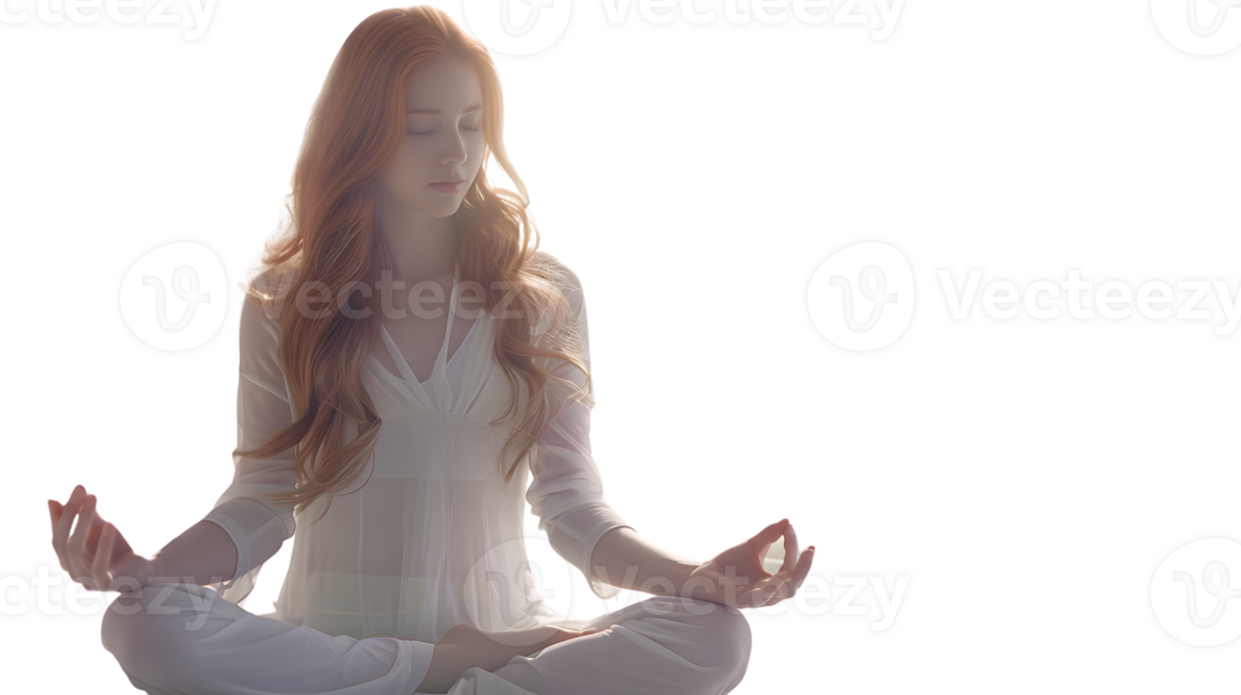 Woman meditating in a peaceful pose serene and calm wearing white clothing png