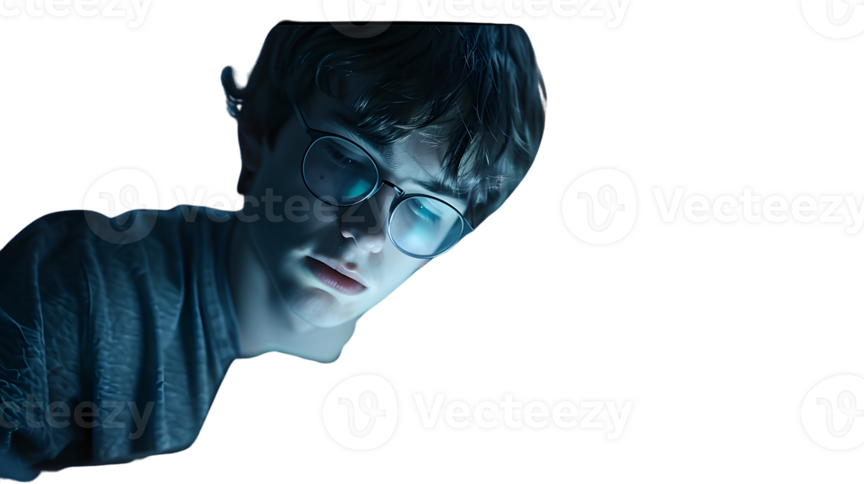 Youthful Individual in Deep Thought with Round Glasses and Casual Attire Illuminated by Soft B png