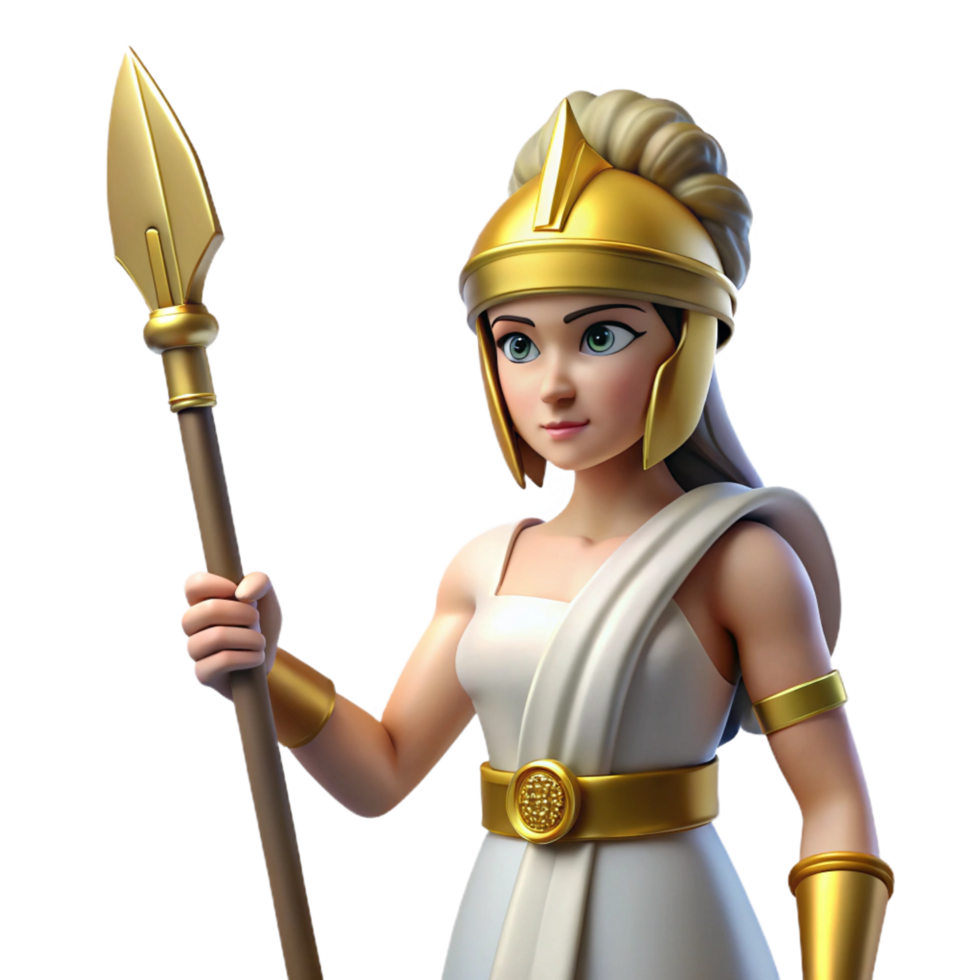 serene minimalist Athena, Goddess of Wisdom and War, holding a spear, high resolution png