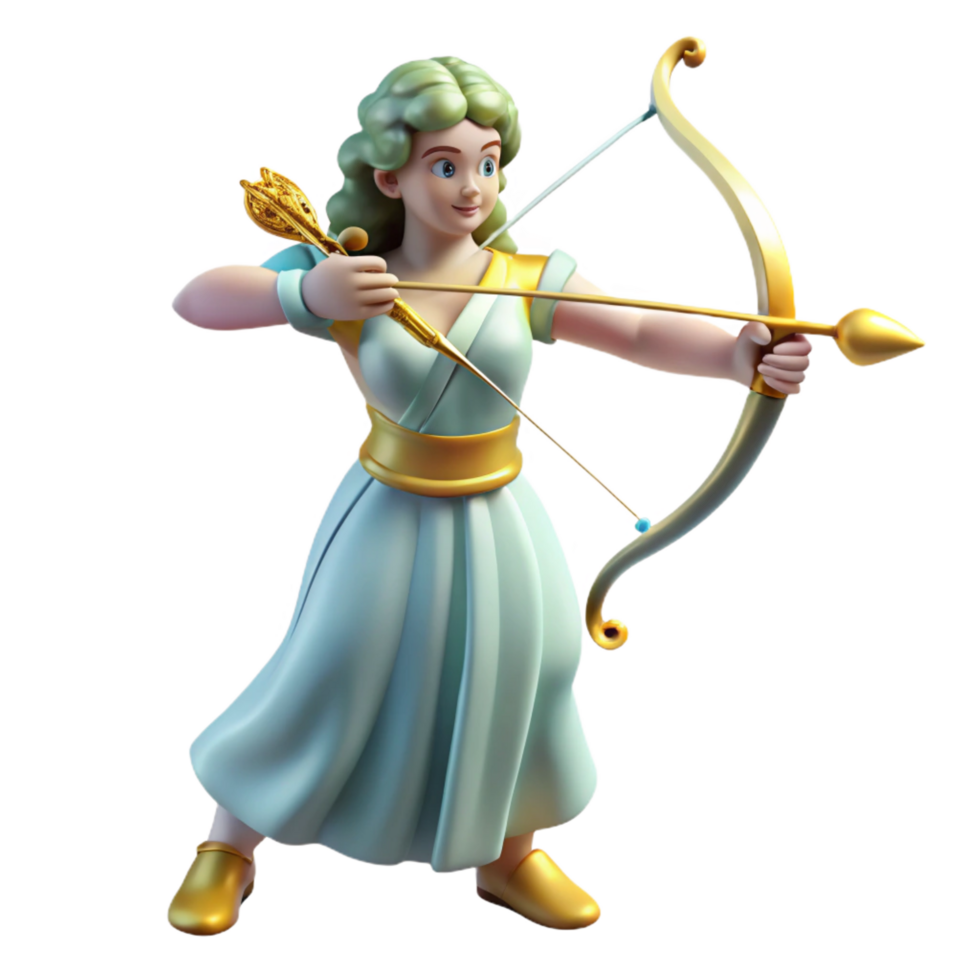 vibrant traditional Artemis, Goddess of the Hunt, with a bow and arrow, detailed png