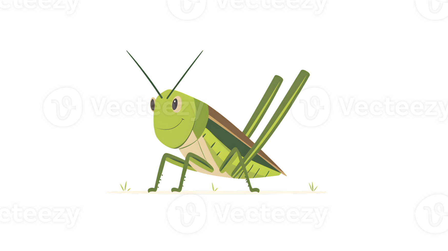 A cheerful green insect with long antennae and powerful legs ready to jump set against a simp png