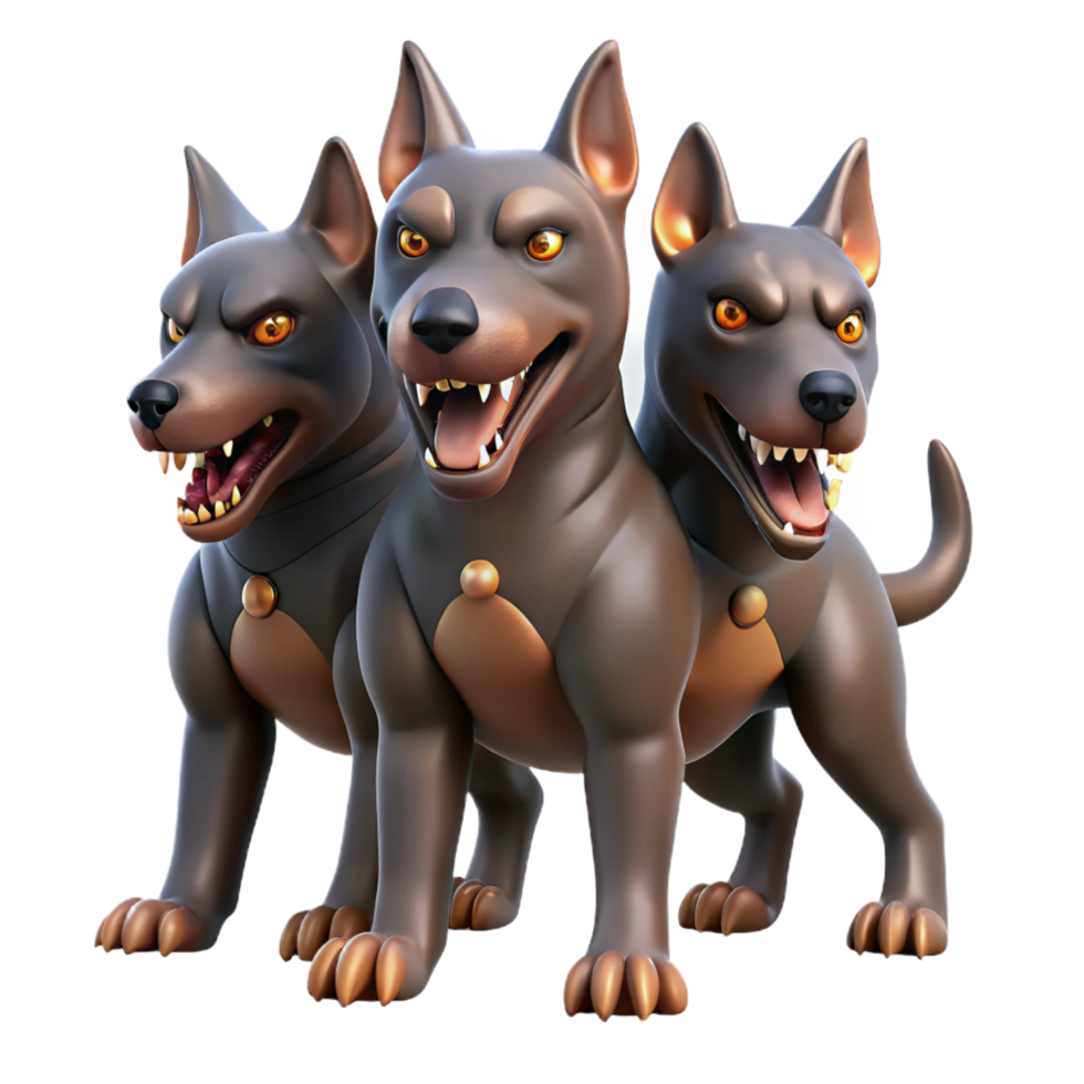 serene vintage Cerberus, three-headed dog, guarding the underworld, genuine png