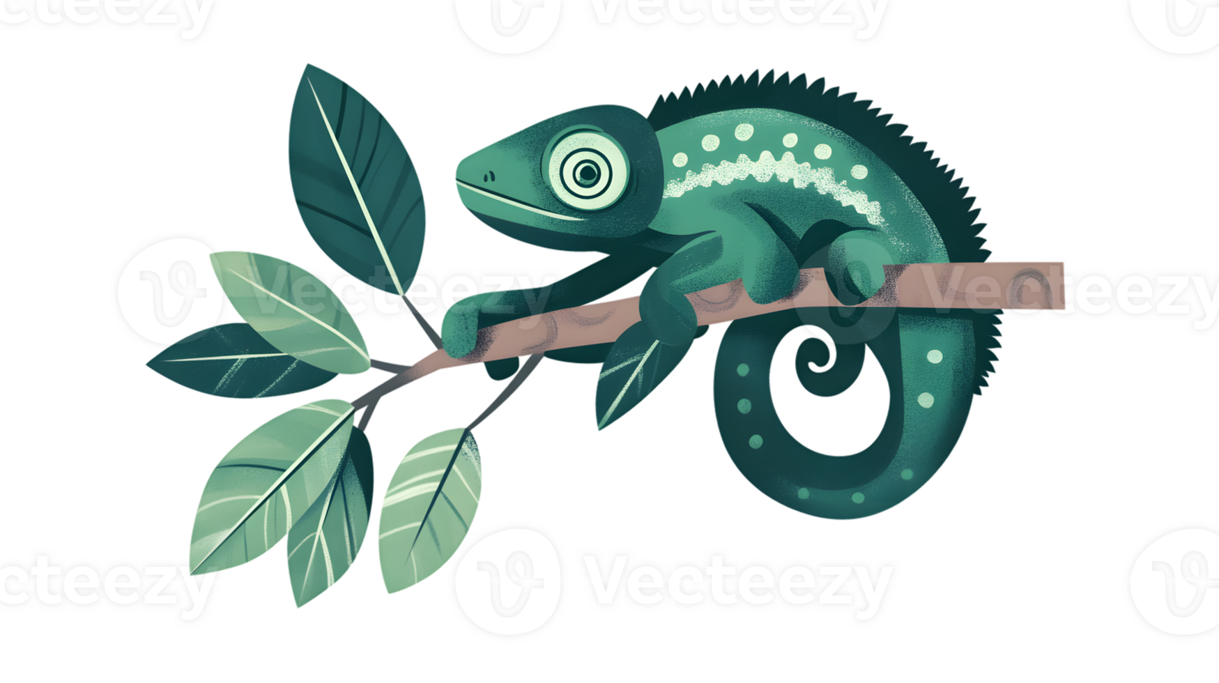 Chameleon Perched on a Branch with Lush Leaves Vibrant Colors and Detailed Illustration for Na png