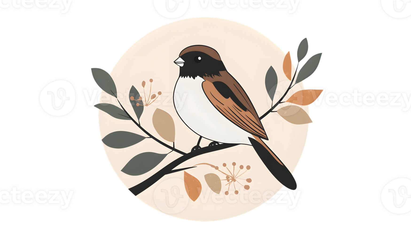 Charming Bird Perched on a Branch with Autumn Leaves and Floral Elements png