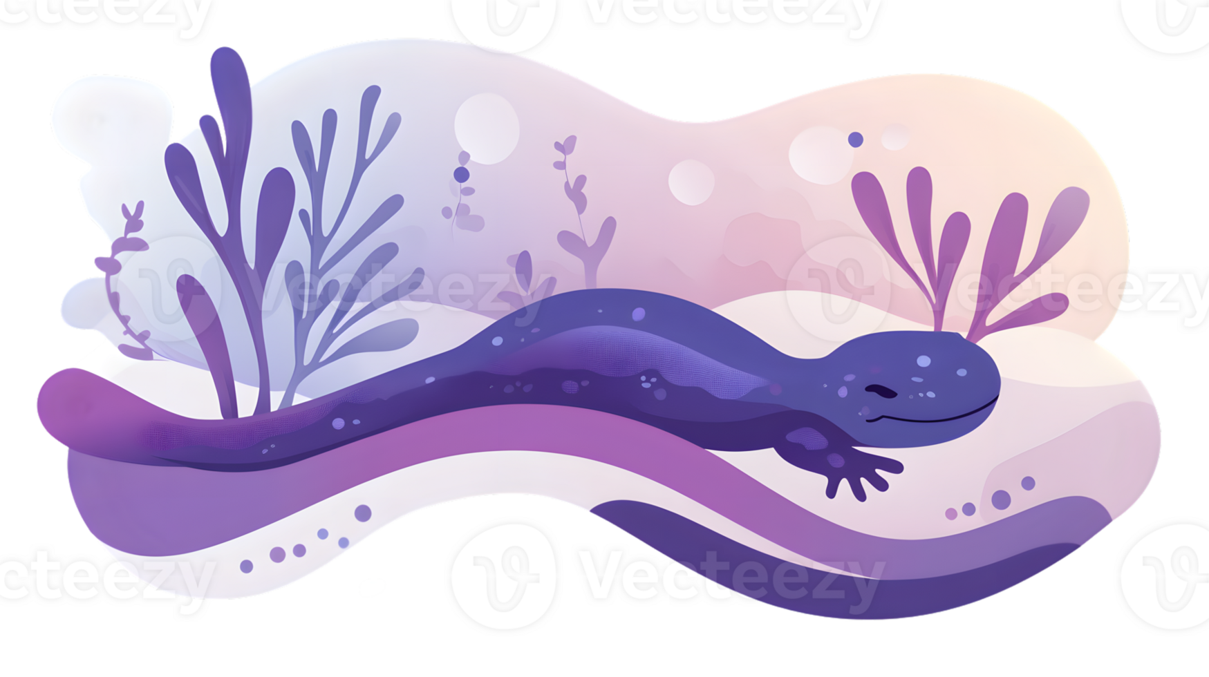 Charming Purple Salamander in a Whimsical Underwater Scene with Seaweed and Bubbles png
