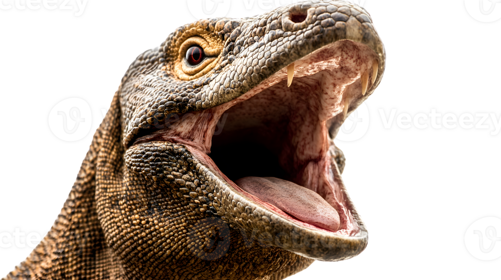 Closeup of a reptiles open mouth showing teeth and textured skin on a black background png