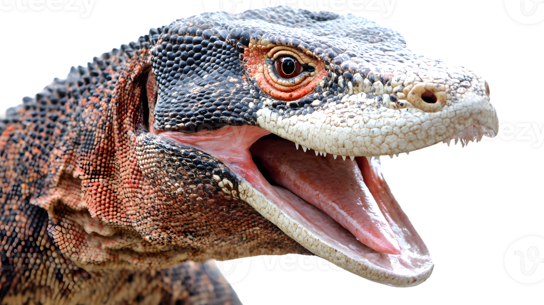 Closeup of a reptiles head with open mouth showing detailed texture and scales png