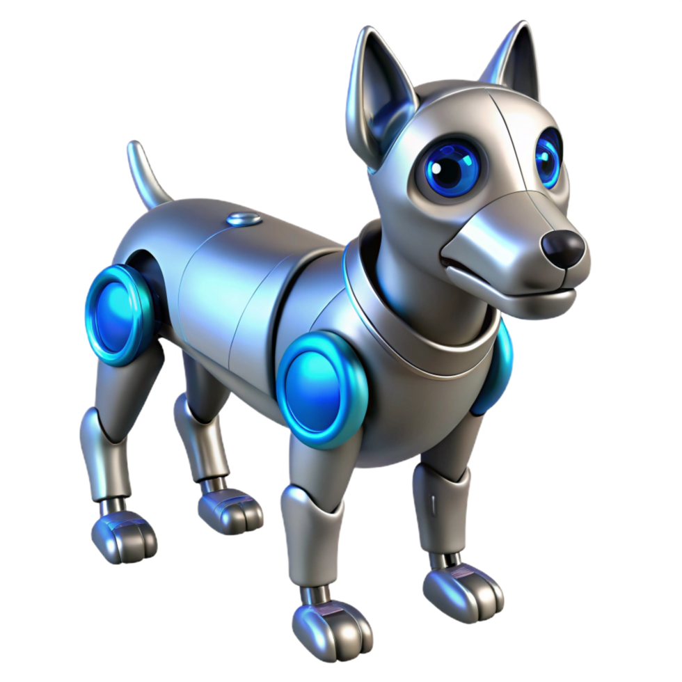 dramatic minimalist Futuristic robotic dog with metallic finish and glowing blue eyes high quality png