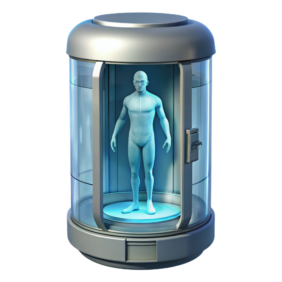 magnificent rustic Cryogenic stasis pod with a visible human silhouette inside detailed png