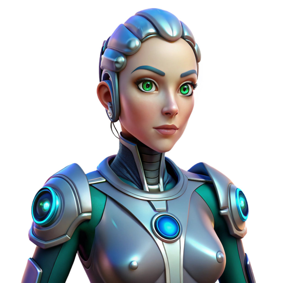 beautiful creative Cyberpunk style female cyborg with visible mechanical augmentations premium png