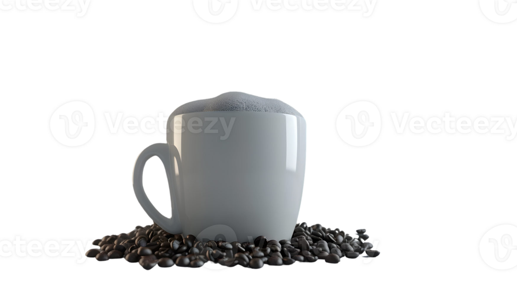 A steaming cup of coffee surrounded by coffee beans on a black background png