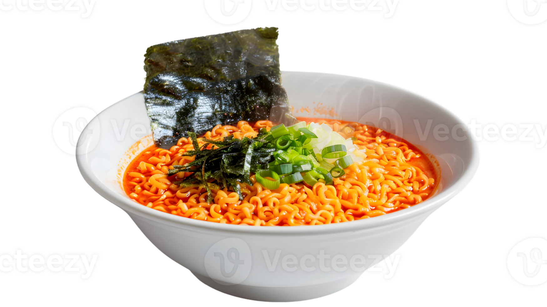 A steaming bowl of instant noodles with vibrant broth seaweed and green onions perfect for c png