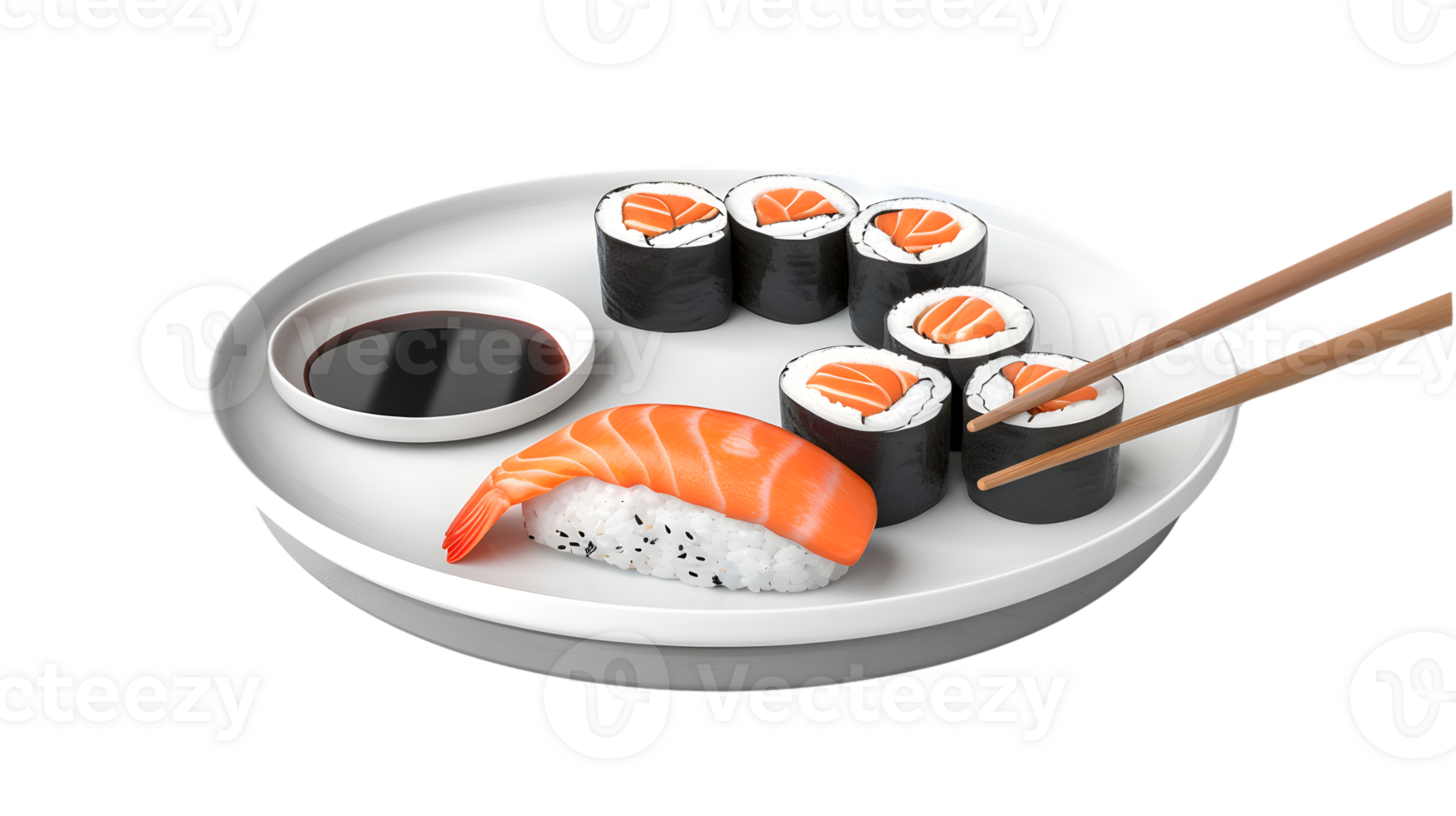 Delicious Sushi Platter with Soy Sauce and Chopsticks Perfect for Culinary and Food Photograp h png