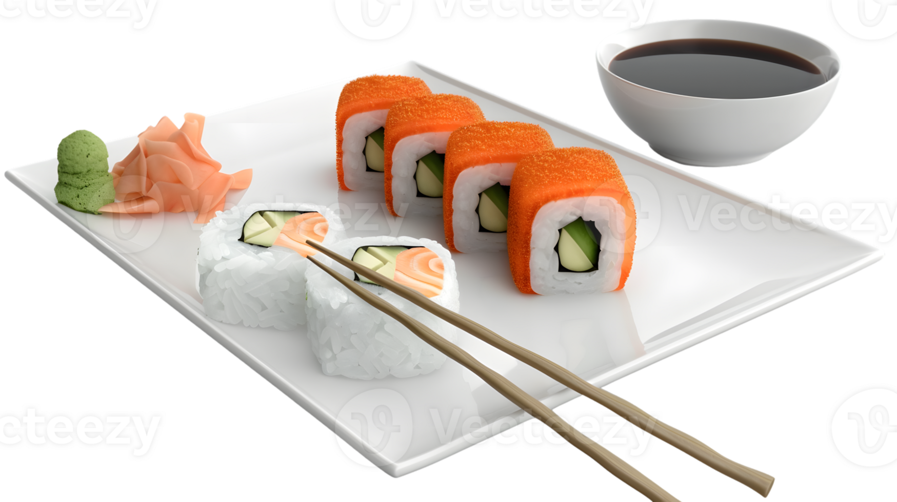 Delicious Sushi Platter with Soy Sauce and Chopsticks on a White Plate Perfect for Culinary png