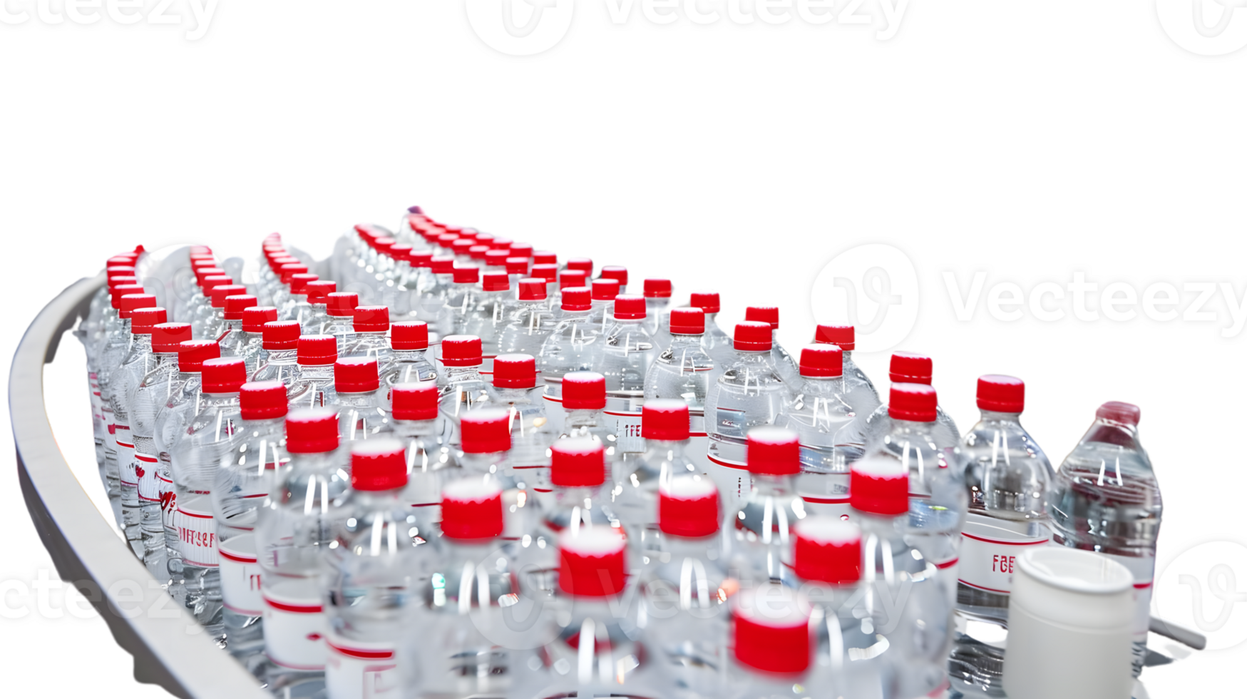 A collection of clear plastic bottles with red caps arranged neatly on a white tray png