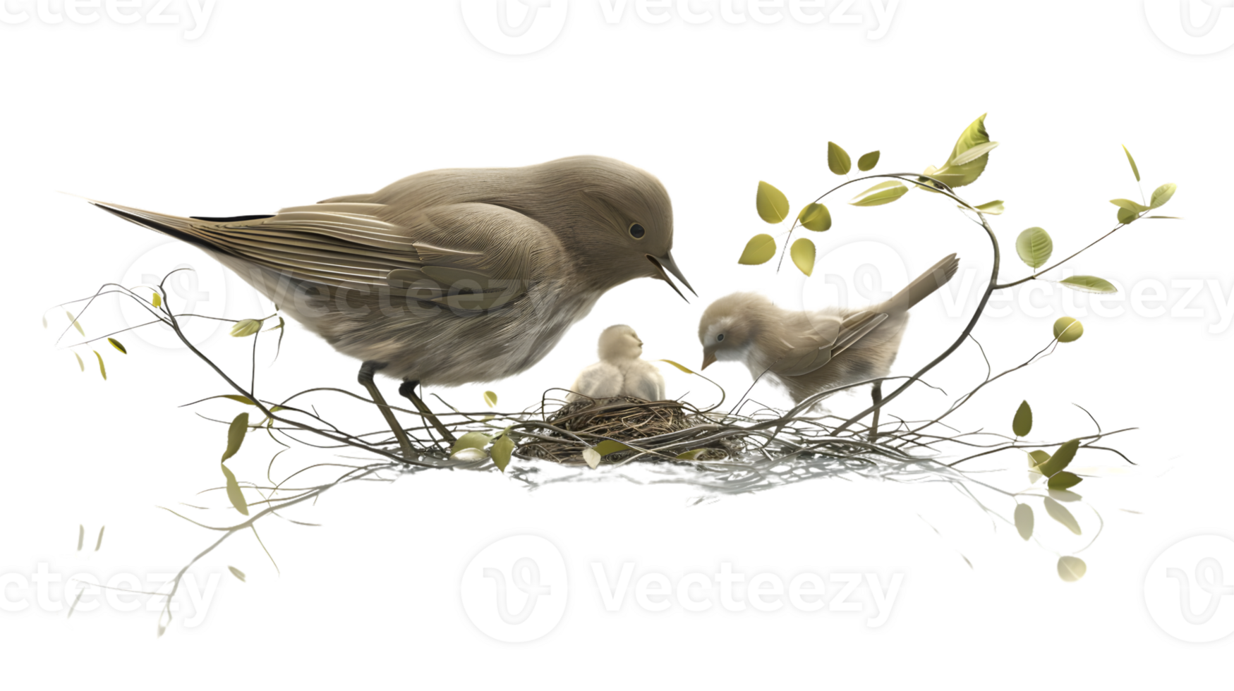 A tender moment of a bird family in their nest surrounded by delicate branches and leaves per png