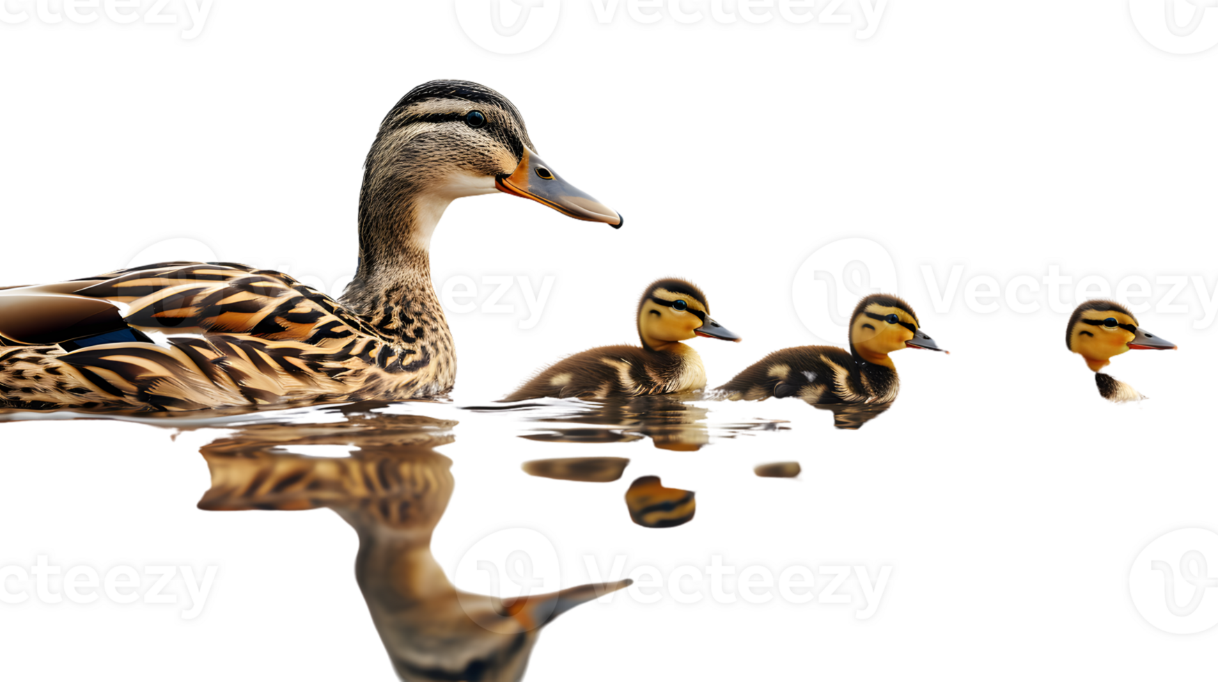 Adult waterfowl leading chicks in a serene aquatic setting ideal for nature and wildlife photo png