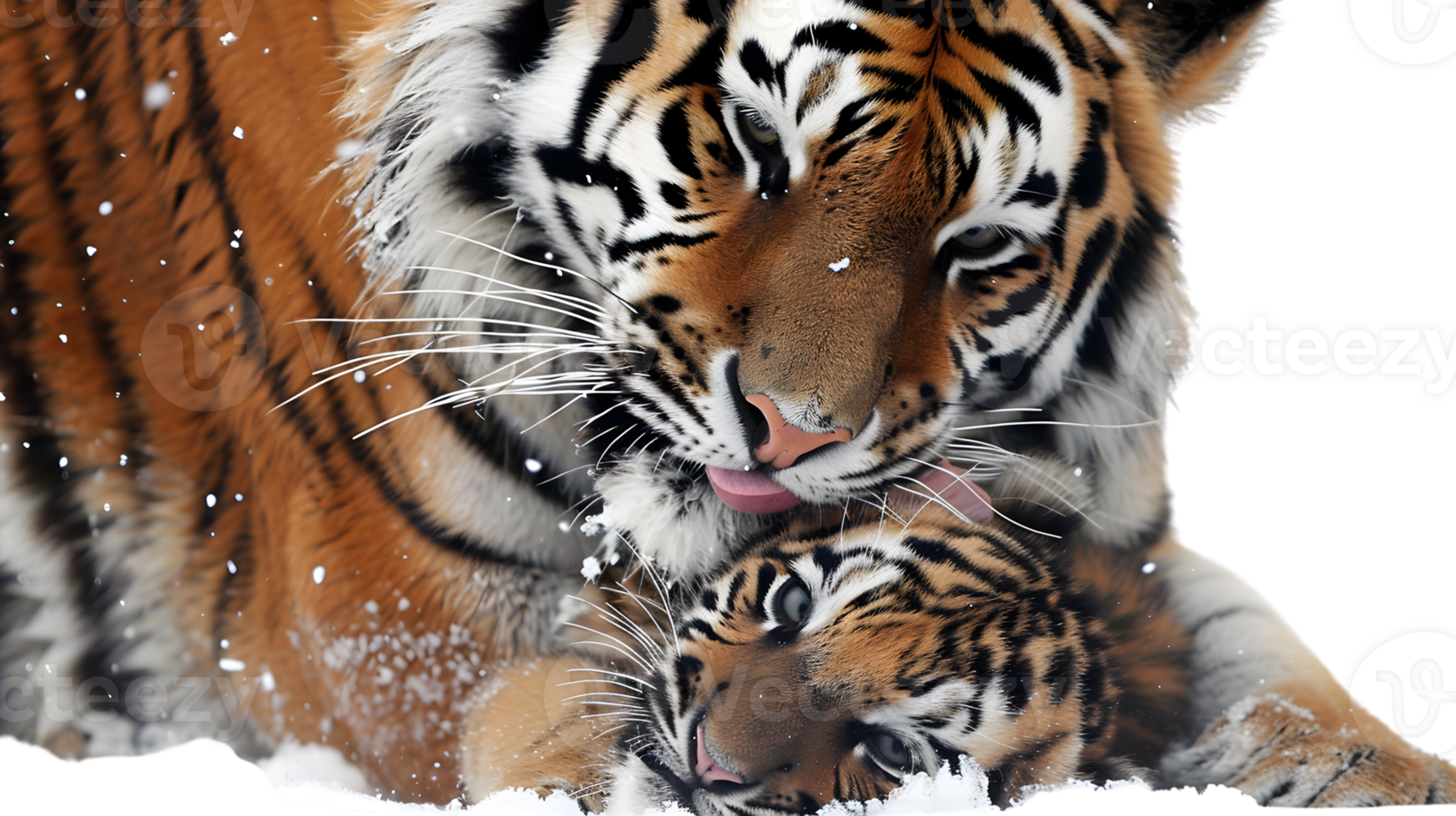 Affectionate tiger and cub in snowy winter scene png