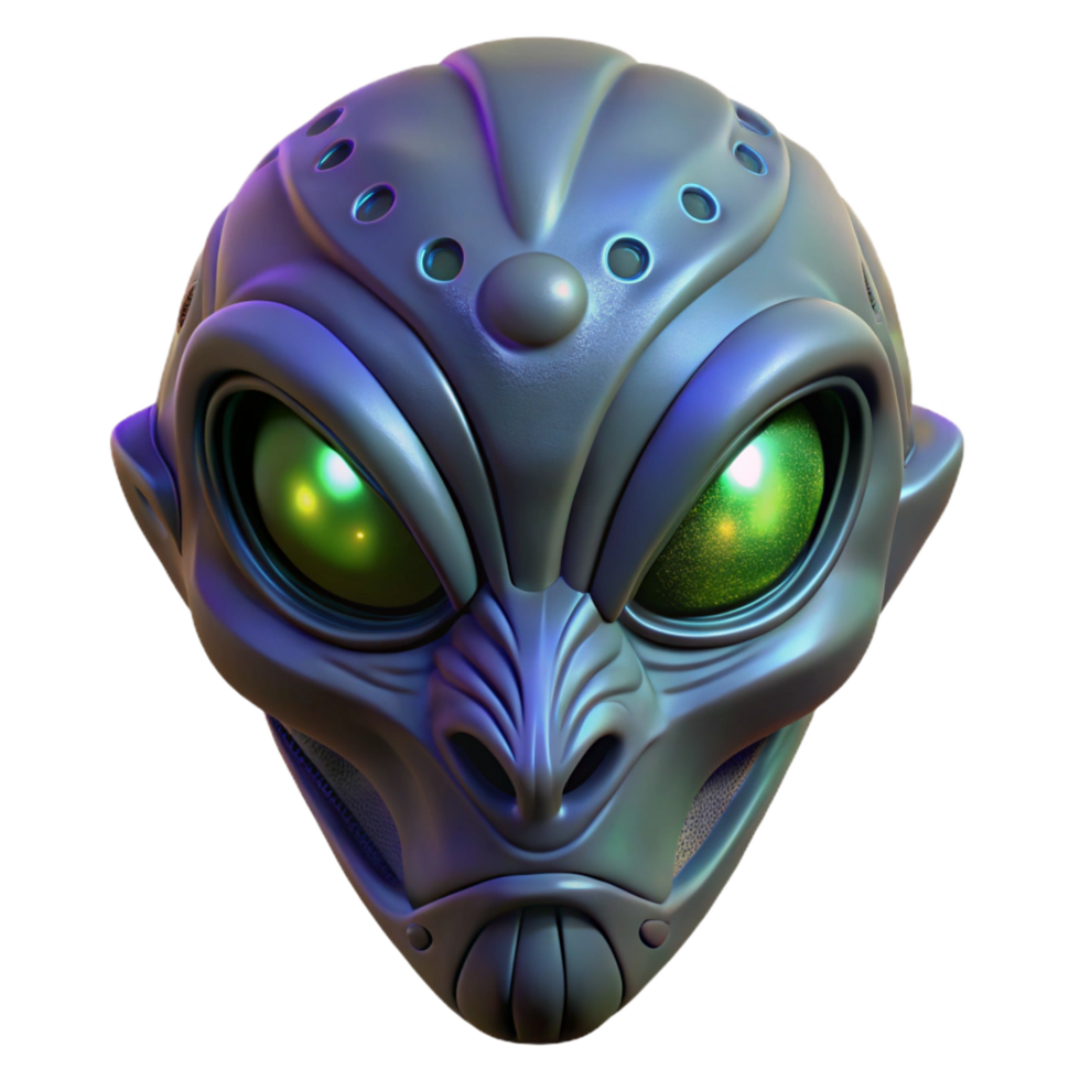 impressive rustic Alien mask with intricate carvings and glowing eyes 4K png