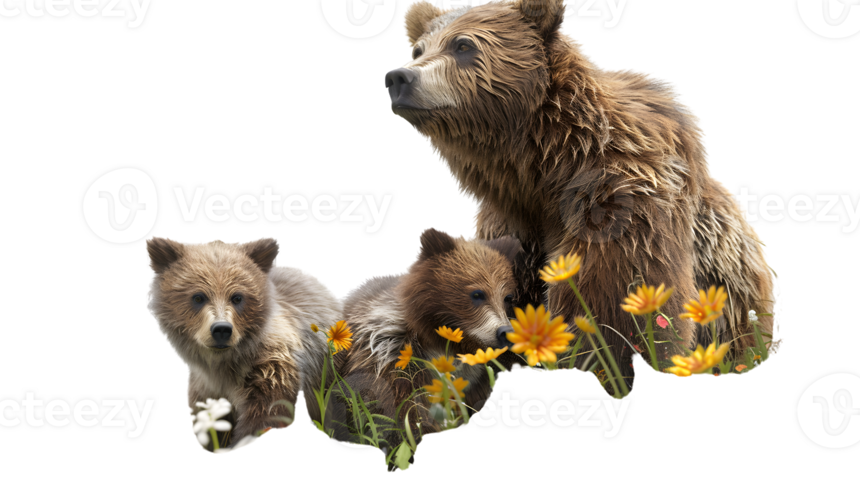 Brown Bear Family with Flowers in Meadow png