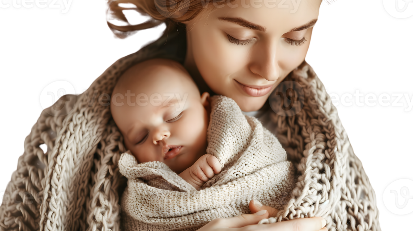 Closeup of a mother lovingly holding her sleeping newborn baby wrapped in a soft knit blanket png