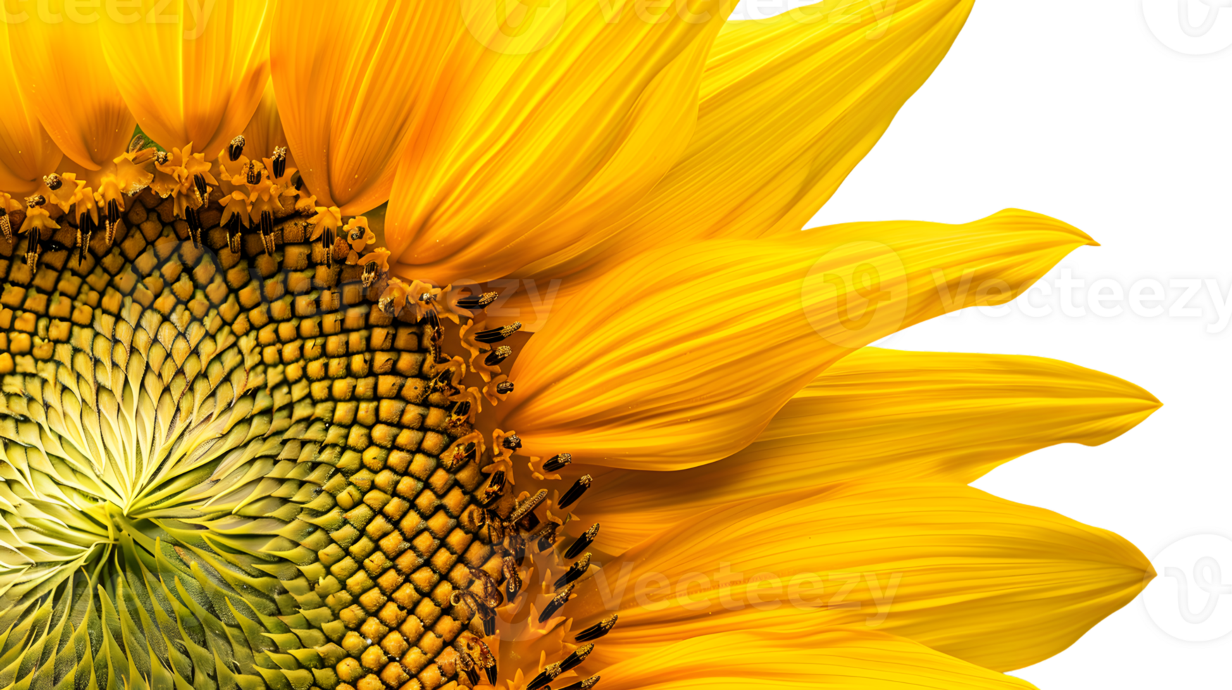 Closeup of a vibrant sunflower showcasing its intricate details and bright yellow petals png