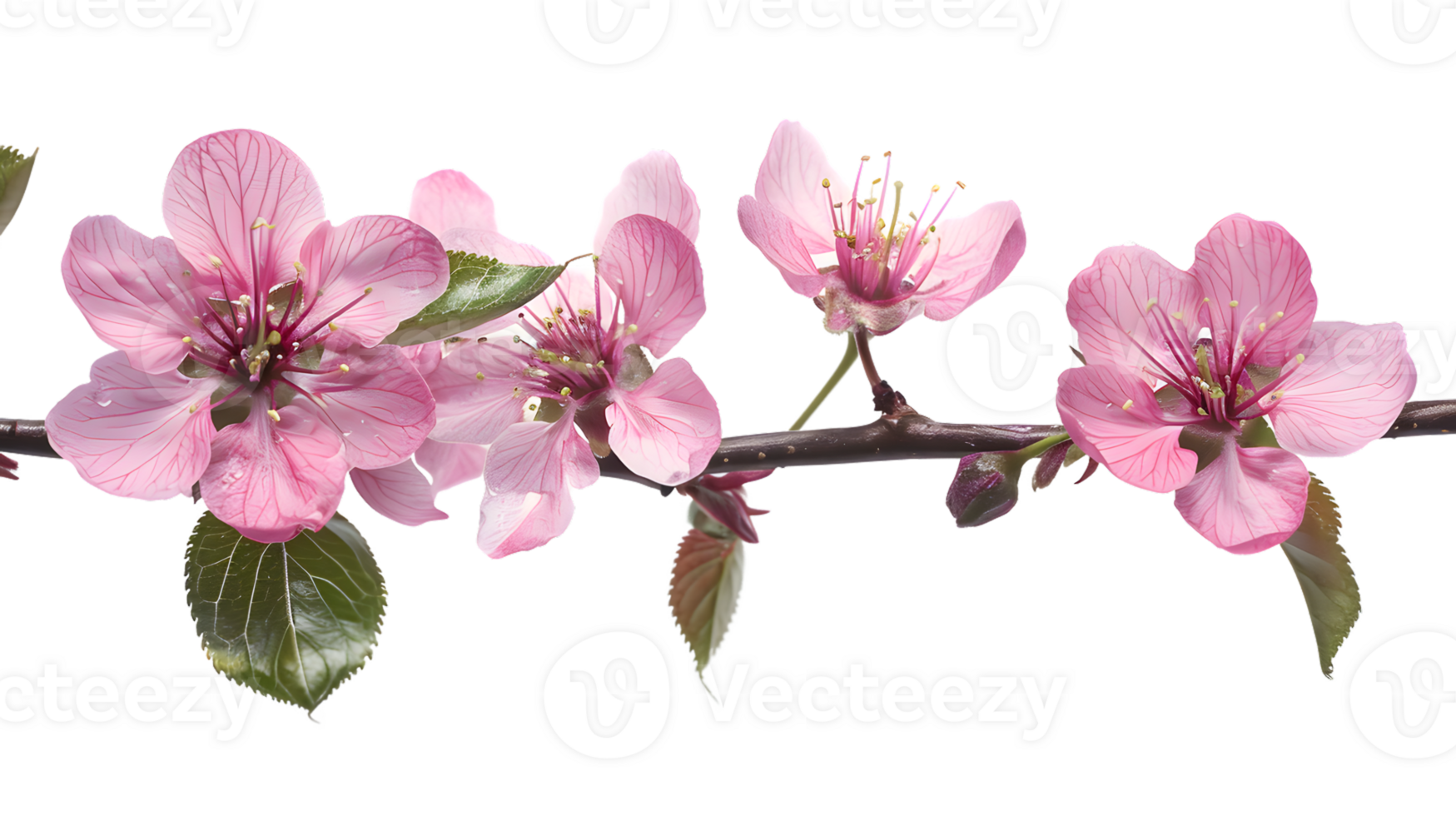 Delicate Pink Blossoms on a Branch with Green Leaves Perfect for Spring and Floral Designs png