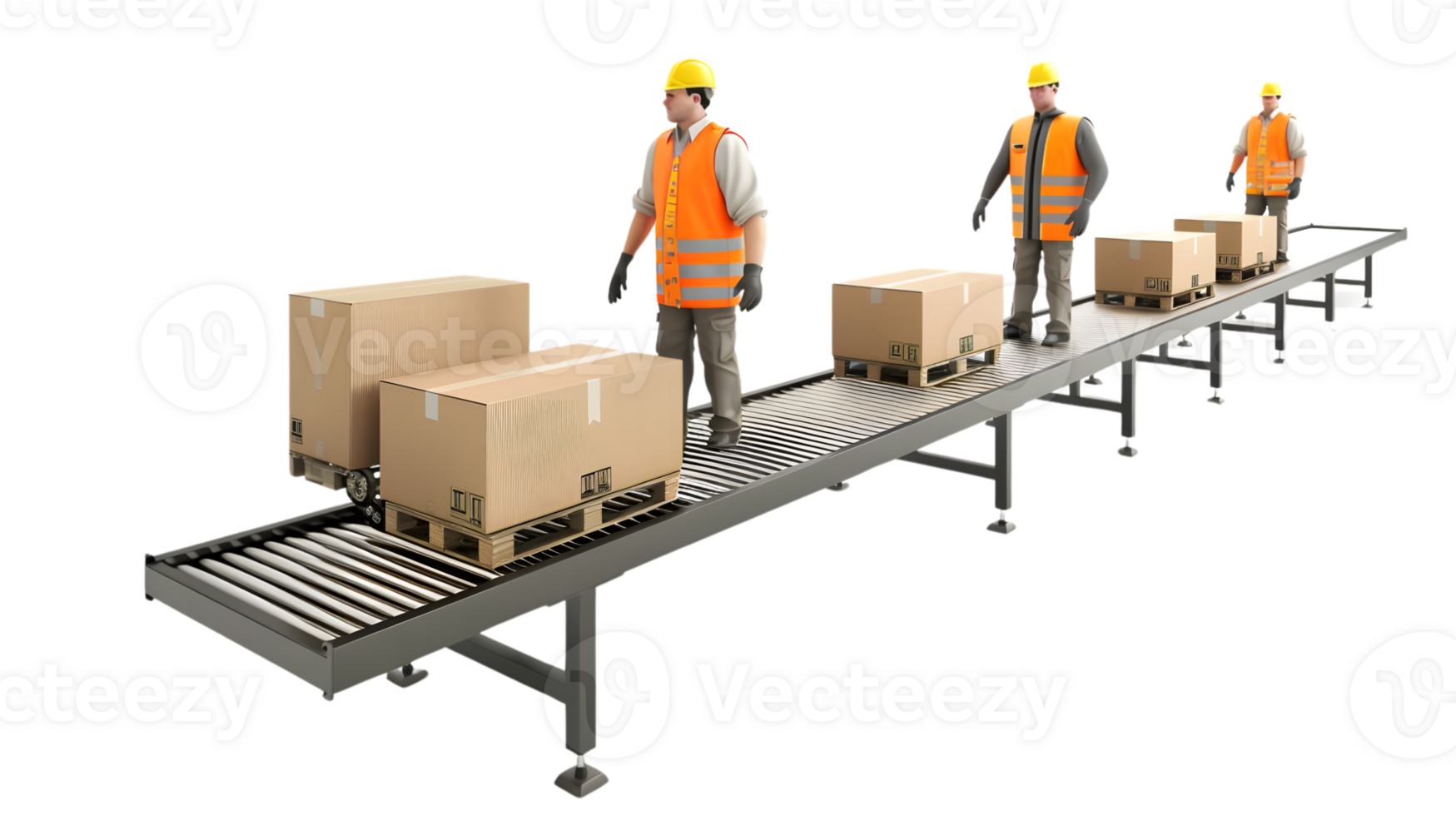 Workers in Safety Gear Managing Packages on Conveyor Belt for Logistics and Distribution png