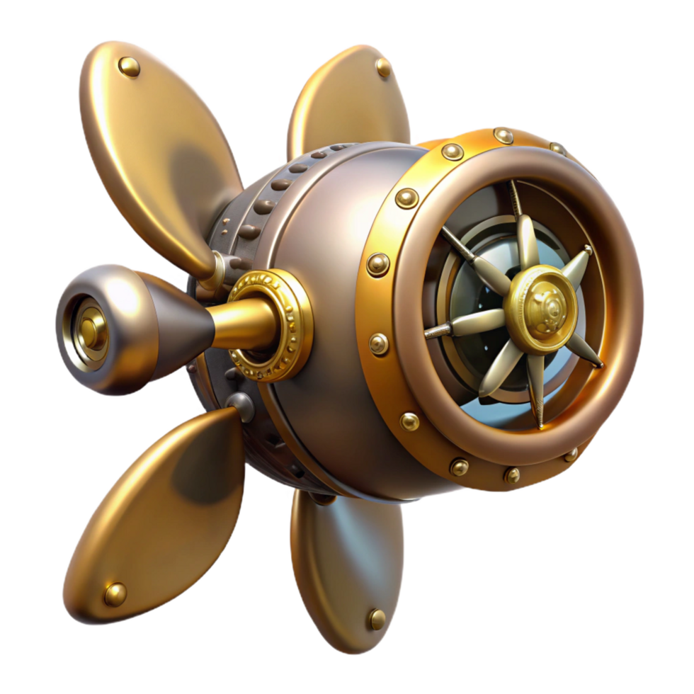 impressive minimalist Steampunk airship propeller with ornate brass details high quality png