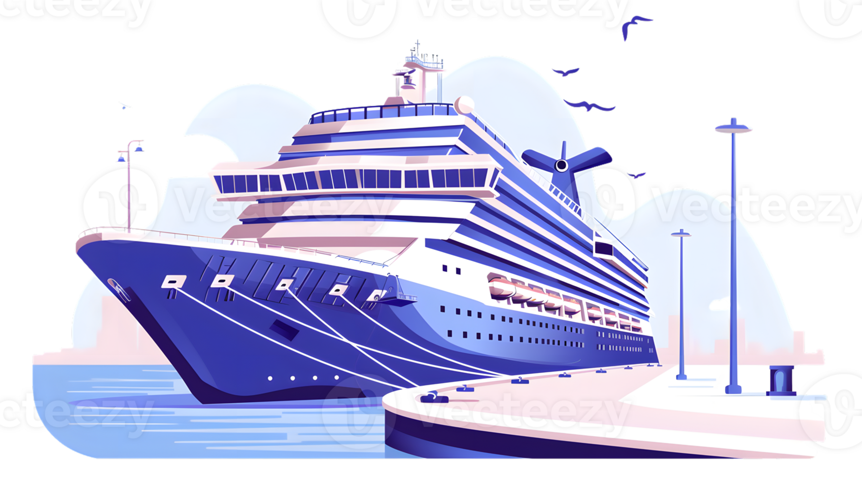 A luxurious cruise ship docked at a serene harbor surrounded by calm waters and seagulls in fl png