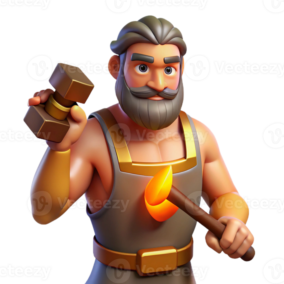 stunning modern Hephaestus, God of the Forge, holding hammer, authentic png