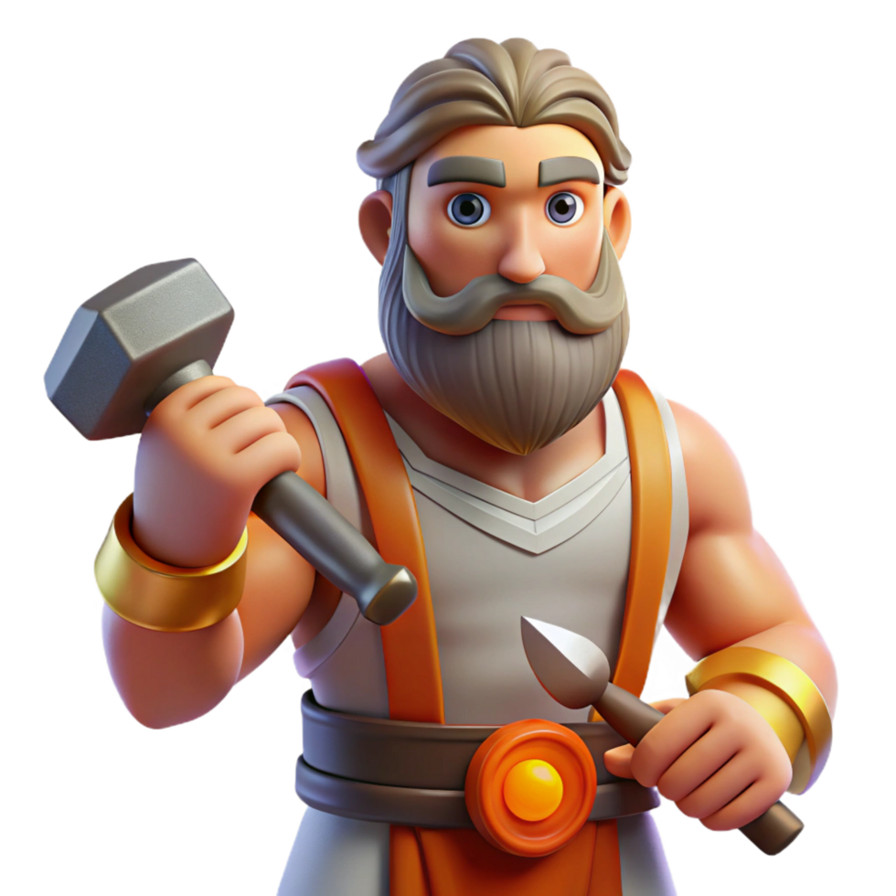 magnificent minimalist Hephaestus, God of the Forge, holding hammer, detailed png