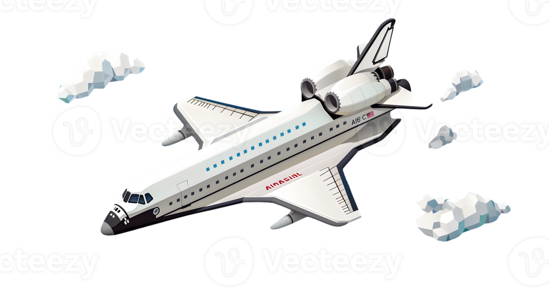 A spacecraft attached to an aircraft soaring through the sky with clouds around it png