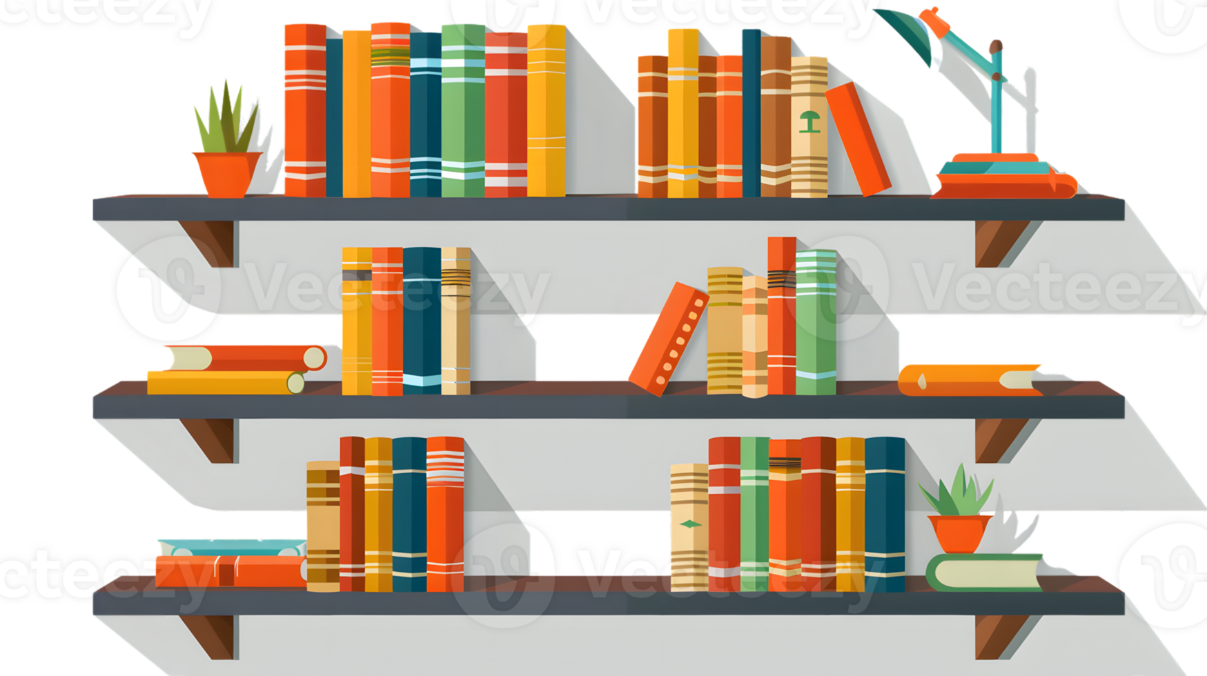 A vibrant bookshelf filled with colorful books plants and a desk lamp for study or library se png