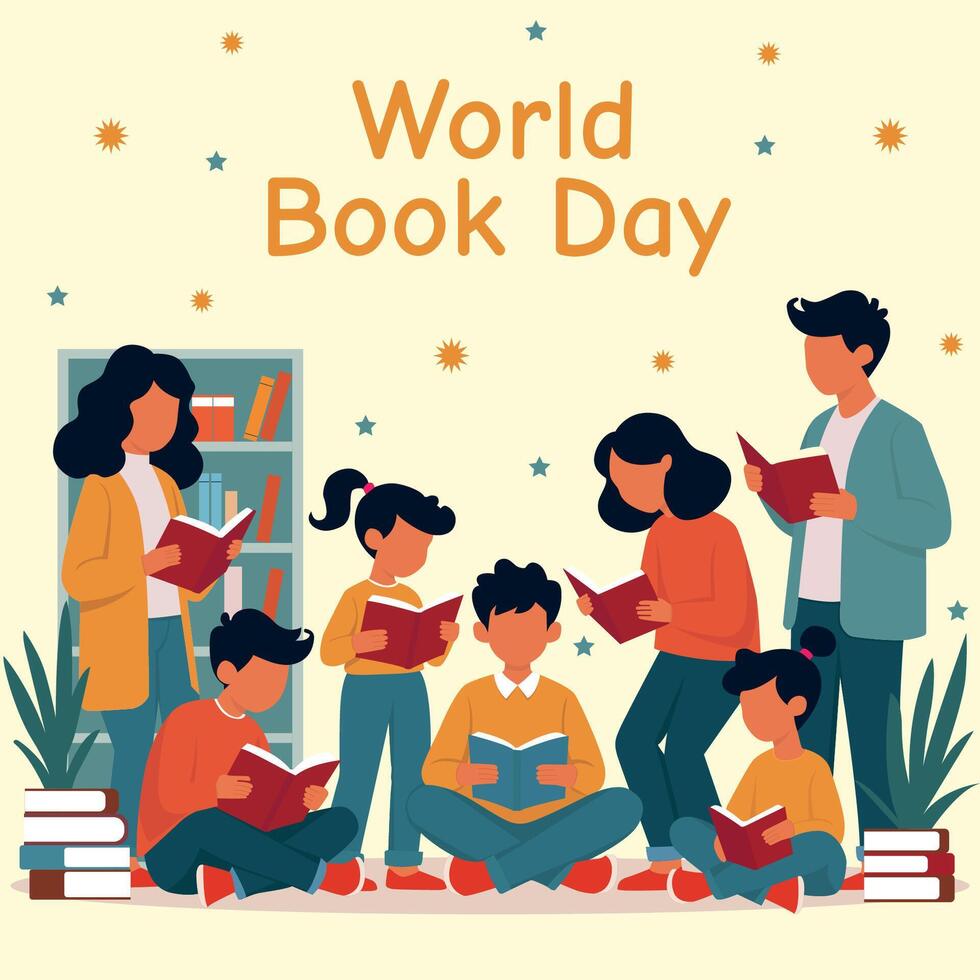 Group of people reading books on World Book Day vector
