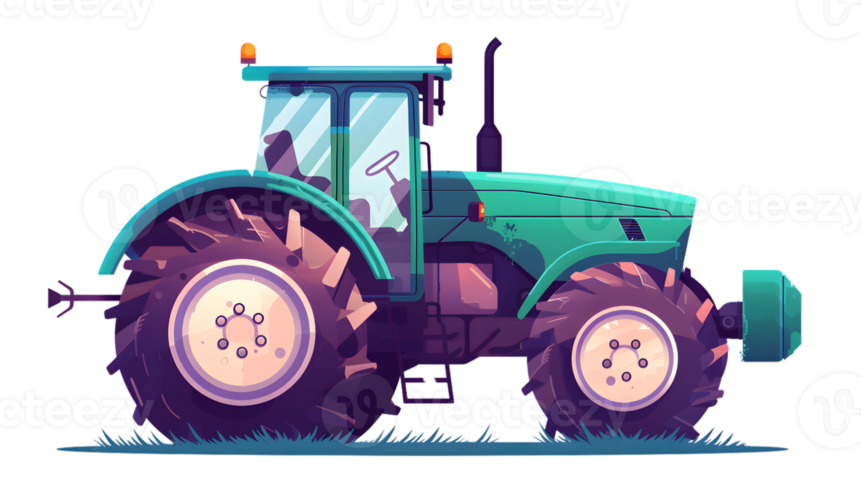 A vibrant tractor in a field showcasing agricultural machinery with large wheels and detailed png