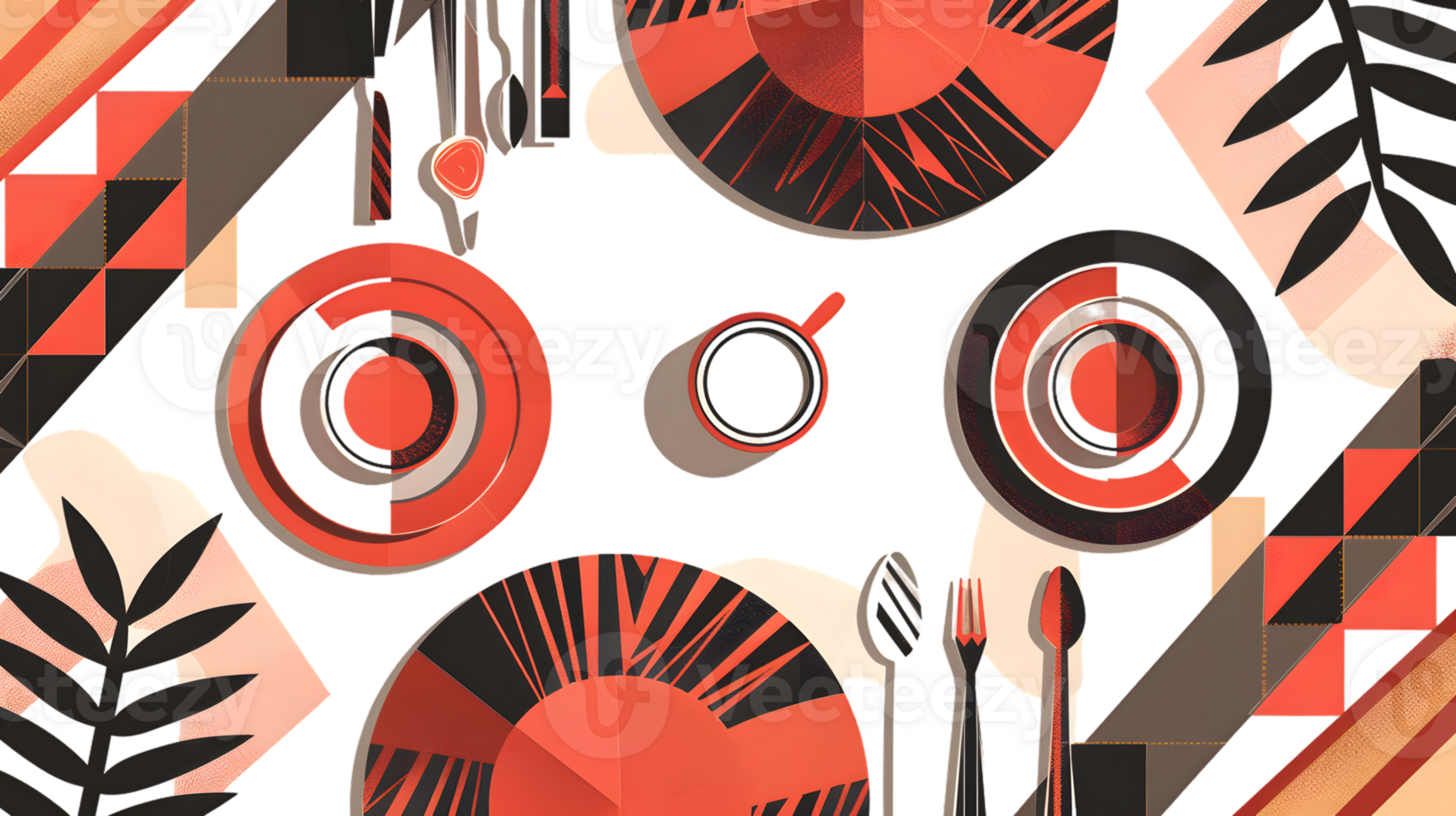 Abstract Red and Black Geometric Table Setting with Coffee Cup png