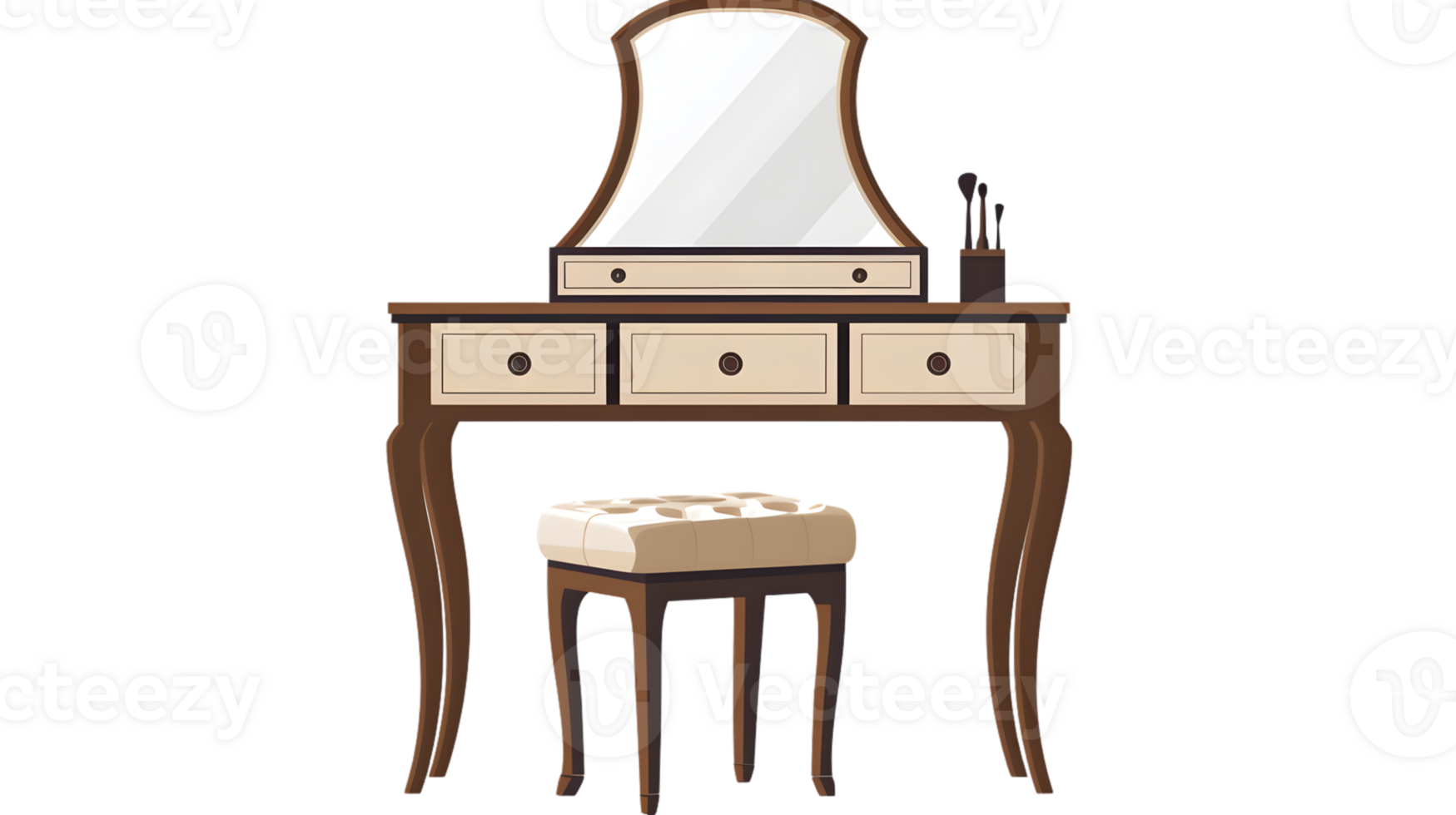 Elegant Vanity Table with Mirror and Stool for Beauty and Makeup Settings png