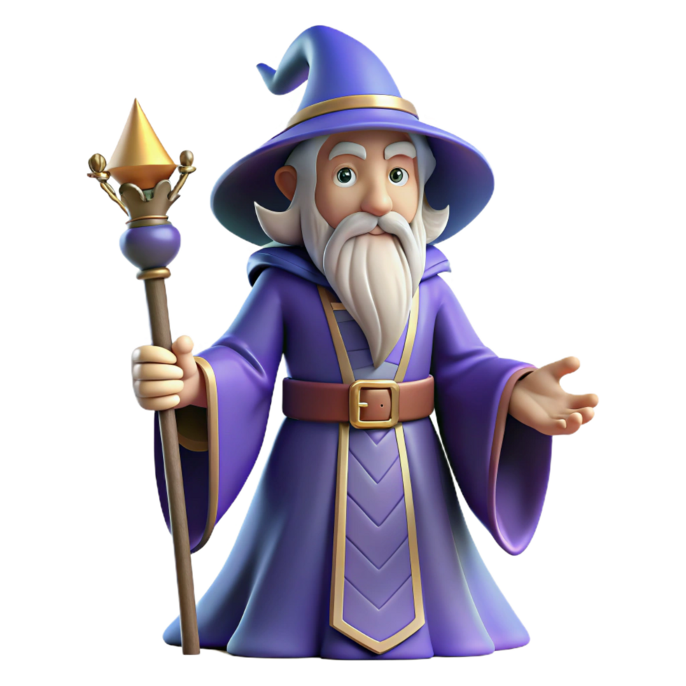 extraordinary traditional Merlin, Arthurian wizard, with staff, detailed png