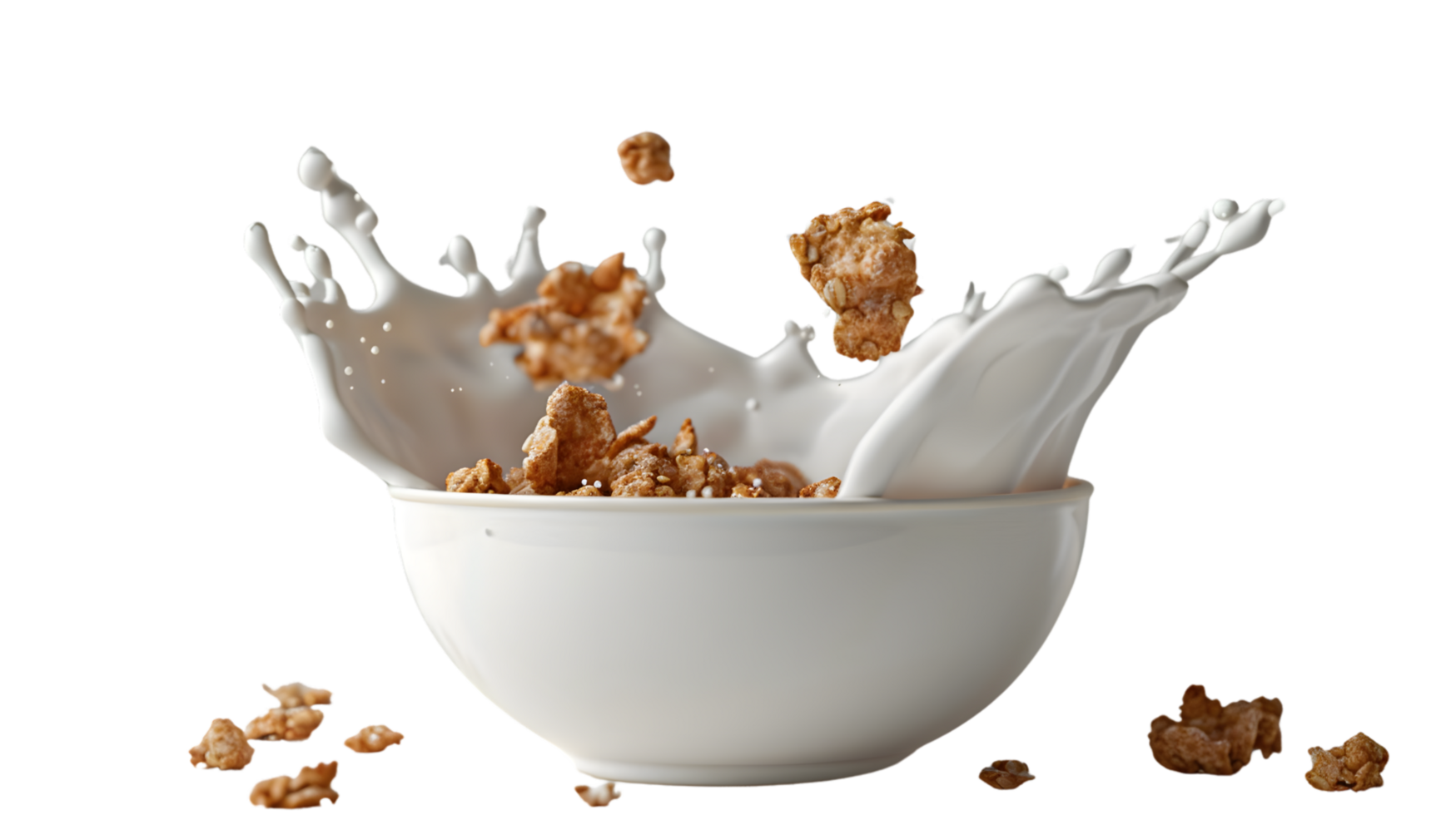 Dynamic Splash of Milk and Crunchy Cereal in a Bowl Capturing the Moment of Impact for Food Ph png